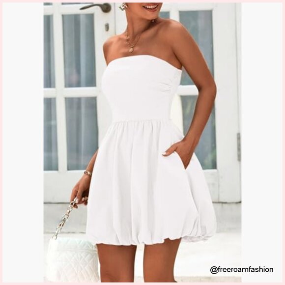 Strapless Mini Bubble Dress Smocked Back A-Line Sundress Summer Casual - Picture 5 of 7